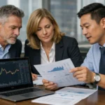 CFD broker investment meeting with analysts reviewing charts.