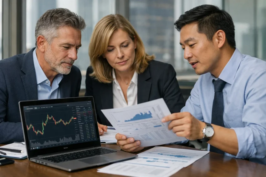 CFD broker investment meeting with analysts reviewing charts.