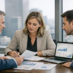 Digital SEO performance consultation with team reviewing charts and campaign documents.