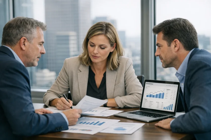 Digital SEO performance consultation with team reviewing charts and campaign documents.