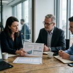 Investment professionals in office discussing digital growth and stock market data during strategy meeting.
