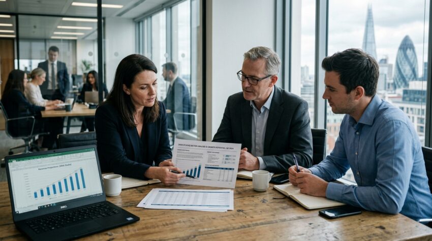 Investment professionals in office discussing digital growth and stock market data during strategy meeting.
