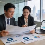 Medical facility financial analysis by investment team at desk.