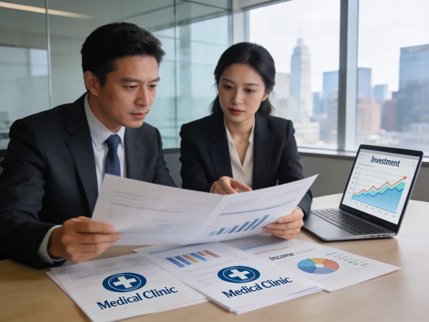 Medical facility financial analysis by investment team at desk.